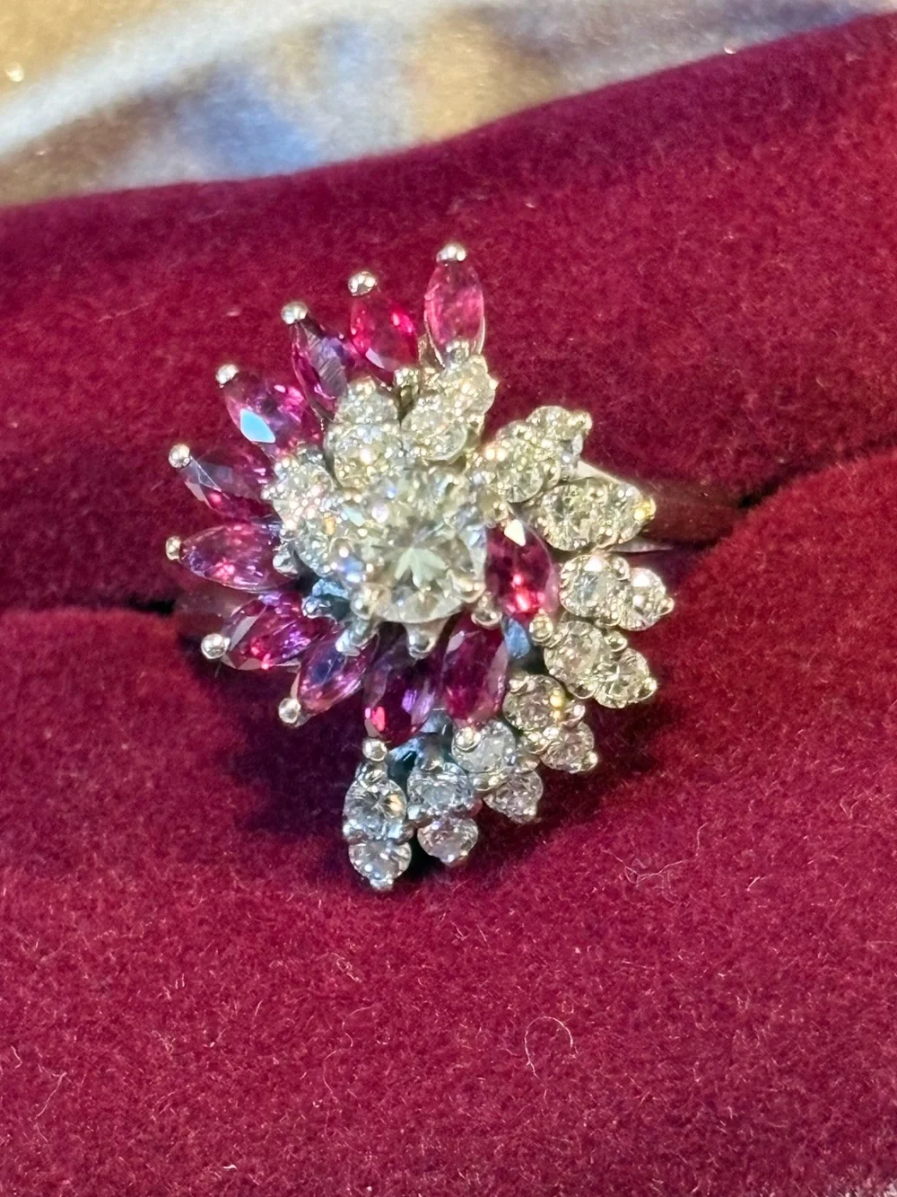 Vintage Diamond and Ruby 14k white gold Cluster Cocktail Ring 4900$